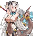  1girl arm_up bare_shoulders be_garam blue_bow bow bowtie bracelet breasts covered_navel dragon_tail epic7 flower hair_flower hair_ornament hairband horns jewelry large_breasts long_hair pink_eyes smile standing tail very_long_hair white_background white_hair yufine_(epic7) 