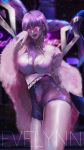  1girl breasts character_name cleavage cleavage_cutout cowboy_shot earrings evelynn eyeshadow feather_boa fingernails fishnet_gloves fishnets gloves hair_over_shoulder highres idol jewelry k/da_(league_of_legends) k/da_evelynn large_breasts league_of_legends lipstick long_fingernails long_hair looking_at_viewer makeup purple_hair purple_lipstick shorts slit_pupils solo thick_thighs thighs weapon yellow_eyes zhii_zhii 
