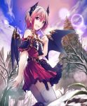  1girl :d artist_request bare_shoulders bare_tree belt boots clouds cloudy_sky cygames demon_girl demon_horns demon_wings eyebrows_visible_through_hair fang garter_straps gold_trim horns lens_flare looking_at_viewer miriam_(shadowverse) open_mouth pointy_ears red_eyes red_skirt redhead shadowverse short_hair skirt sky smile snow spruce thigh-highs tree wings 