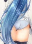  1girl ass black_legwear blue_hair close-up dress dress_lift from_behind kantai_collection long_hair mae_(maesanpicture) out_of_frame panties samidare_(kantai_collection) shiny shiny_hair solo standing thigh-highs thighs twitter_username underwear very_long_hair white_dress white_panties 
