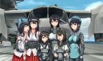  6+girls :d ahoge akizuki_(kantai_collection) alternate_costume black_hair black_headband blue_eyes bodysuit braid breasts chou-10cm-hou-chan closed_eyes commentary_request flight_deck fusou_(kantai_collection) hair_ornament highres husky_(soonofgod) kantai_collection large_breasts long_hair looking_at_viewer multiple_girls nagato_(kantai_collection) nontraditional_miko open_mouth red_eyes remodel_(kantai_collection) school_uniform serafuku shigure_(kantai_collection) short_hair side_braid smile takao_(kantai_collection) vtol white_headband yamashiro_(kantai_collection) 