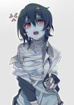  1girl :o anger_vein bandage black_hair blue_skin blush cola commentary_request grey_background hair_between_eyes highres looking_at_viewer mizuno_ai ned off_shoulder open_clothes reaching_out red_eyes shirt short_hair simple_background solo upper_body walzrj white_shirt zombie zombieland_saga 