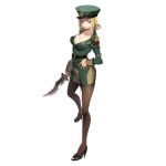  1girl belt blonde_hair blue_eyes breasts cleavage dagger hat high_heels military military_hat military_uniform milla_bachtein official_art solo star_ocean star_ocean_the_last_hope thigh-highs transparent_background uniform weapon 