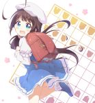 1girl :d ass backpack bag beret blue_dress blue_eyes blue_footwear blush board_game bobby_socks brown_hair commentary_request dress hat hinatsuru_ai long_hair long_sleeves looking_at_viewer looking_to_the_side low_twintails open_mouth puffy_short_sleeves puffy_sleeves randoseru ryuuou_no_oshigoto! school_uniform shoes short_over_long_sleeves short_sleeves shougi smile socks solo standing standing_on_one_leg toma_(shinozaki) twintails upper_teeth very_long_hair white_hat white_legwear 