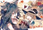  2girls animal_ears apple autumn_leaves blue_hair claws eating fangs fenrir_(shingeki_no_bahamut) fish food fruit granblue_fantasy grapes green_apple harvin hat long_hair mimlememel multiple_girls mushroom official_art paws pear ponytail pumpkin red_eyes saury smoke squid sweatdrop sweet_potato tank_top tomato witch_hat 