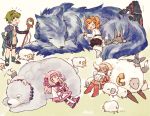  ahoge altera_(fate) altera_the_santa bear dark_skin david_(fate/grand_order) fate/grand_order fate_(series) fujimaru_ritsuka_(female) green_hair headband hessian_(fate/grand_order) lobo_(fate/grand_order) long_hair mittens orange_hair polar_bear sheep shepherd&#039;s_crook side_ponytail sitonai sleeping wolf 