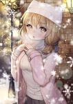  1girl :o blush brown_eyes brown_hair hands_up hat lamppost looking_at_viewer medium_hair original outdoors pink_coat scarf shichimi snowflakes snowing solo standing sweater visible_air white_hat white_scarf 