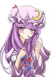  1girl blue_bow blue_ribbon blush bow breasts capelet crescent crescent_moon_pin eating eyebrows_visible_through_hair food food_in_mouth hair_bow hat hat_ribbon highres long_hair looking_at_viewer medium_breasts namiki_(remiter00) patchouli_knowledge pocky pocky_day purple_hair red_bow red_ribbon ribbon simple_background solo touhou upper_body very_long_hair violet_eyes white_background wide_sleeves 