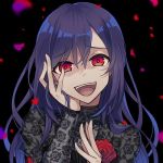  1girl bang_dream! black_background blue_hair corsage crazy_smile flower hair_between_eyes hair_down hand_in_hair hand_on_own_cheek lace long_hair looking_at_viewer mujun_atama petals red_eyes red_flower red_rose rose seta_kaoru solo upper_body 