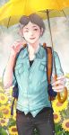  1boy ;d absurdres backpack bag black_pants blue_shirt flower grey_hair haikyuu!! hand_up highres holding holding_umbrella i-sol-e looking_at_viewer male_focus mole mole_under_eye one_eye_closed open_mouth outdoors pants rain shirt smile solo standing sugawara_koushi umbrella yellow_umbrella 