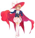  1girl :d akr_et boots brown_hair card_captor_sakura cloak full_body gloves green_eyes hat hat_feather head_tilt highres holding holding_sheath kinomoto_sakura long_sleeves looking_at_viewer open_mouth puffy_shorts red_cloak red_hat sheath sheathed short_hair short_shorts shorts simple_background smile solo sword thigh-highs thigh_boots weapon white_background white_feathers white_footwear white_gloves white_neckwear white_shorts zettai_ryouiki 