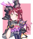 1girl black_gloves blush capelet demon earrings feathers frilled_shirt_collar frills gloves hair_feathers hair_ornament hairclip half_updo heart heart_earrings heart_hair_ornament highres holding_lantern horns jewelry kaisou_(0731waka) lantern long_hair looking_at_viewer love_live! love_live!_sunshine!! on_shoulder pink_background pink_feathers redhead sakurauchi_riko smile upper_body v-shaped_eyes yellow_eyes