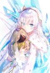  1girl anastasia_(fate/grand_order) bangs black_hairband blue_cape blue_eyes cape crown doll eyebrows_visible_through_hair fate/grand_order fate_(series) fuji_choko hair_rollers hairband highres holding holding_doll long_hair looking_at_viewer mini_crown silver_hair solo upper_body 