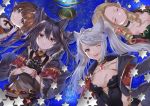  4girls absurdres animal_ears black_hair blonde_hair blush bracelet braided_ponytail breasts brown_hair capelet choker cleavage cloak closed_eyes death_(granblue_fantasy) draph drill_hair earrings erune eyebrows_visible_through_hair fraux globe granblue_fantasy grey_eyes harvin highres huge_filesize jewelry leotard long_hair long_sleeves looking_at_viewer lying medium_breasts multiple_girls myusha on_back one_eye_closed open_mouth pointy_ears red_eyes sparkle teresa_(granblue_fantasy) twin_drills white_hair wide_sleeves 