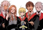  2girls 3boys ahoge artoria_pendragon_(all) blonde_hair blue_eyes blush braid breasts brown_hair closed_mouth collared_shirt dark_skin earrings excalibur facial_mark fate/grand_order fate_(series) french_braid glasses green_eyes harry_potter highres hogwarts_school_uniform holding holding_sword holding_weapon jewelry karna_(fate) large_breasts leonardo_da_vinci_(fate/grand_order) looking_at_viewer matching_outfit matimatio multiple_boys multiple_girls necktie open_mouth ozymandias_(fate) robe saber shirt siegfried_(fate) simple_background smile sword weapon white_background white_hair yellow_eyes 