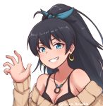  1girl :d artist_name bare_shoulders beige_sweater black_hair blue_eyes blue_ribbon breasts cleavage collarbone commentary disco_brando earrings eyebrows_visible_through_hair fang ganaha_hibiki grin hair_between_eyes hair_ribbon hand_up highres hoop_earrings idolmaster idolmaster_million_live! idolmaster_million_live!_theater_days jewelry long_hair looking_at_viewer medium_breasts necklace off-shoulder_sweater open_mouth ponytail ribbed_sweater ribbon simple_background smile solo sweater teeth twitter_username upper_body white_background 