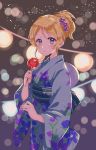  1girl ayase_eli blonde_hair blue_eyes blue_kimono blurry blush bokeh candy_apple depth_of_field fan floral_print flower food hair_flower hair_ornament highres holding holding_food japanese_clothes kaisou_(0731waka) kimono looking_at_viewer love_live! love_live!_school_idol_project obi paper_fan parted_lips ponytail purple_flower sash sidelocks solo uchiwa 