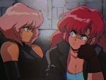  2girls 90s bangs big_hair breasts brown_gloves chin_rest cleavage commentary dark_skin david_liu elbow_gloves english_commentary gloves jacket leather leather_jacket long_hair maria_(space_maria) medium_breasts multiple_girls pi_(space_maria) pink_hair redhead short_hair sleeveless sleeveless_turtleneck small_breasts space_maria turtleneck vhs_artifacts 