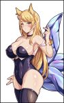  1girl ahri animal_ear_fluff animal_ears bare_shoulders black_border blonde_hair blush border breasts choker cleavage closed_mouth commentary_request covered_navel fox_ears fox_tail half-closed_eyes hand_up heart heart_choker highres idol k/da_(league_of_legends) k/da_ahri korean_commentary large_breasts league_of_legends leotard looking_at_viewer minieon_kiugi revision shiny shiny_skin simple_background solo standing tail thigh-highs whisker_markings white_background yellow_eyes 