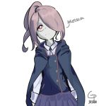  1girl alternate_hairstyle bags_under_eyes cape commentary_request cowboy_shot eyebrows_visible_through_hair gongttheng hair_over_one_eye highres little_witch_academia looking_up pink_hair red_eyes simple_background solo sucy_manbavaran translated white_background 