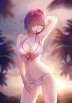  1girl backlighting bikini blurry blurry_background bow breasts cleavage collarbone contrapposto fate/grand_order fate_(series) groin hair_over_one_eye hand_behind_head highres large_breasts looking_at_viewer mash_kyrielight mouth_hold navel necoring862 outdoors purple_hair red_bow short_hair solo standing swimsuit untied untied_bikini violet_eyes white_bikini 