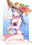  1girl adjusting_clothes adjusting_hat ball bangs barefoot beachball bikini blue_background blue_hair blush bow breasts cleavage flower front-tie_top halterneck hat hat_flower hat_ribbon highres kaisou_(0731waka) long_hair looking_at_viewer love_live! love_live!_school_idol_project medium_breasts navel orange_flower pink_flower red_bikini red_flower ribbon sitting solo sonoda_umi straw_hat swimsuit white_bow white_ribbon yellow_eyes 