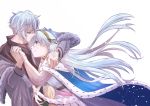  1boy 1girl anastasia_(fate/grand_order) bangs blue_cloak blue_eyes brown_hairband cape doll dress eyebrows_visible_through_hair fate/grand_order fate_(series) fur_trim hairband hand_holding hand_on_another&#039;s_shoulder holding holding_doll kadoc_zemlupus long_hair silver_hair simple_background smile tsengyun very_long_hair white_background white_dress yellow_eyes 
