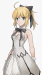  1girl artoria_pendragon_(all) black_bow blonde_hair bow breastplate dress eyebrows_visible_through_hair fate/grand_order fate/unlimited_codes fate_(series) faulds floating_hair gauntlets green_eyes hair_between_eyes hair_bow hands_on_hilt highres long_hair looking_at_viewer none_(kameko227) outdoors petals ponytail saber_lily signature sleeveless sleeveless_dress solo standing white_dress 