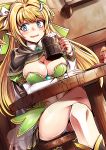  1girl absurdres alcohol black_cape blonde_hair blue_eyes blush bow bread breasts cape cleavage cup dutch_angle earrings elf epic7 food green_bow hair_bow hair_ornament highres indoors jewelry karadborg large_breasts legs_crossed long_hair mug navel pointy_ears shelf silkiria sitting solo table 