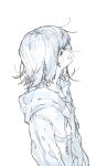  1girl blue closed_eyes commentary_request crying daruma_owl from_side highres hood hooded_jacket jacket long_sleeves monochrome open_mouth original profile short_hair simple_background solo white_background 