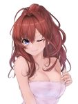  1girl :3 ahoge alternate_hairstyle bangs bare_shoulders breasts brown_hair cleavage commentary eyebrows_visible_through_hair hair_intakes hair_up hand_on_breast ichinose_shiki idolmaster idolmaster_cinderella_girls lamp_p9 large_breasts lips long_hair looking_to_the_side one_eye_closed ponytail simple_background solo towel upper_body violet_eyes white_background 