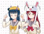  2girls :d animal_hat blue_hair blush bow bowtie bunny_hat ceph_(greatyazawa1819) character_hat closed_eyes commentary_request di_gi_charat double-breasted frown gema hair_ornament hairclip hat highres long_hair long_sleeves love_live! love_live!_sunshine!! multiple_girls open_mouth polka_dot polka_dot_background pulling red_neckwear redhead sakurauchi_riko school_uniform serafuku side_bun smile sparkle sweatdrop tsushima_yoshiko upper_body uranohoshi_school_uniform v-shaped_eyebrows yellow_eyes yellow_neckwear 