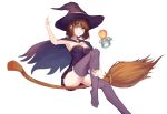  1girl absurdres black_cape black_dress black_hat breasts broom broom_riding brown_hair cape cleavage dress eyebrows_visible_through_hair halloween halloween_costume hat highres katou_megumi looking_at_viewer medium_breasts parted_lips pleated_dress pumpkin purple_legwear red_eyes saenai_heroine_no_sodatekata short_dress short_hair sideboob simple_background sleeveless sleeveless_dress solo striped striped_dress thigh-highs white_background witch witch_hat yul0760 