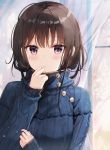  1girl blue_sweater blush brown_hair buttons closed_mouth commentary_request curtains day fuumi_(radial_engine) looking_at_viewer original solo sweater tagme upper_body violet_eyes wind window 