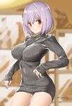  1girl artist_name bangs blurry blurry_background breasts cowboy_shot dress grey_dress grey_sweater hair_between_eyes impossible_clothes large_breasts lavender_hair looking_at_viewer red_eyes ribbed_sweater shinjou_akane short_hair solo ssss.gridman sweater sweater_dress turtleneck turtleneck_sweater twitter_username tyone 