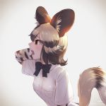  1girl african_wild_dog_(kemono_friends) african_wild_dog_print animal_ear_fluff animal_ears blonde_hair bow bowtie brown_eyes brown_hair collared_shirt commentary_request dog_ears dog_tail eyebrows_visible_through_hair grey_hair hand_behind_head highres kemono_friends long_sleeves multicolored_hair open_mouth profile shirt short_hair short_sleeves solo tail takami_masahiro upper_body 