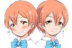  &gt;:) 2girls blue_neckwear blush bow bowtie collared_shirt dual_persona hair_between_eyes hoshizora_rin looking_at_viewer love_live! love_live!_school_idol_project multiple_girls orange_hair portrait sen_(sen0910) shirt short_hair simple_background smile sparkle striped striped_neckwear uranohoshi_school_uniform white_background white_shirt yellow_eyes 