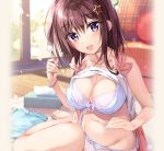  1girl :d bare_arms bare_legs bare_shoulders blue_shorts blurry blush bra bracelet breasts brown_hair cleavage collarbone day depth_of_field groin hair_between_eyes hair_ornament hand_up highres indoors jewelry large_breasts long_hair looking_at_viewer navel one_side_up open_mouth original oryou panties pillow shirt shirt_lift short_shorts shorts shorts_removed sidelocks sitting sleeveless sleeveless_shirt smile solo star star_hair_ornament stomach sunlight thighs tissue_box underwear violet_eyes white_bra white_panties white_shirt yokozuwari 