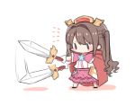  1girl bowwow_(hamju94) brown_eyes brown_hair cape chibi holding holding_weapon idolmaster idolmaster_cinderella_girls long_hair lowres no_mouth one_side_up shimamura_uzuki solo sword weapon |_| 