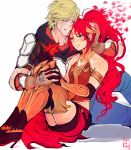  1boy 1girl absurdres blonde_hair blue_eyes blush breasts cleavage crying fading fingerless_gloves gloves green_eyes high_heels highres hug huge_filesize jaune_arc leaf long_hair maple_leaf pricklyalpaca pyrrha_nikos redhead rwby sash signature white_background 