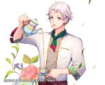  1boy :d company_name cup earrings flower green_neckwear icchi_banketsu jewelry looking_at_viewer momoshiki_tsubaki official_art open_mouth pouring red_eyes simple_background smile tea teacup teapot upper_body watermark web_address white_background white_hair 