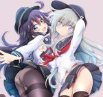  akatsuki_(kantai_collection) arm_up ass black_hair black_legwear blue_eyes blush hat hibiki_(kantai_collection) highres kantai_collection long_hair looking_at_viewer neckerchief open_mouth panties panties_under_pantyhose pantyhose pink_panties school_uniform serafuku silver_hair skirt smile tamayan thigh-highs thighband_pantyhose trefoil underwear 