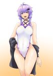  1girl ass_visible_through_thighs black_jacket competition_swimsuit feet_out_of_frame gradient gradient_background hair_ornament highres jacket looking_at_viewer one-piece_swimsuit open_mouth purple_hair short_hair_with_long_locks smile solo standing swimsuit thigh_gap violet_eyes vocaloid voiceroid white_background white_swimsuit yellow_background yuzuki_yukari zooanime 