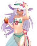  1girl arm_up armpits bangs bare_shoulders bikini breasts closed_mouth collarbone cowboy_shot cup facial_scar floating_hair flower green_bikini hair_between_eyes hand_on_headwear hat hat_flower heterochromia highres holding holding_cup hurricane_glass long_hair looking_at_viewer mahcdai navel original sarong scar see-through sidelocks simple_background small_breasts smile solo sun_hat swimsuit tropical_drink very_long_hair violet_eyes white_background white_hair white_hat yellow_eyes 