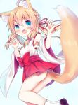  1girl :d ahoge animal_ear_fluff animal_ears ass bangs blonde_hair blue_background blue_eyes blush bow breasts brown_footwear claw_pose commentary_request esureki eyebrows_visible_through_hair fang fox_ears fox_girl fox_tail hair_between_eyes hair_bobbles hair_ornament hair_ribbon hakama hakama_skirt hands_up japanese_clothes kimono long_hair looking_at_viewer low_twintails open_mouth original red_bow red_hakama red_ribbon ribbon shoe_soles short_kimono sidelocks small_breasts smile solo table tail twintails v-shaped_eyebrows white_kimono white_legwear 