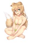  1girl :d animal_ear_fluff animal_ears bangs bare_arms bare_legs bare_shoulders barefoot bikini blush breasts cleavage collarbone commentary_request dog_ears dog_girl dog_tail eyebrows_visible_through_hair fingernails full_body glasses green_bikini green_eyes hair_between_eyes halter_top halterneck head_tilt light_brown_hair long_hair looking_at_viewer medium_breasts nakatokung navel open_mouth original simple_background sitting smile solo swimsuit tail toenails very_long_hair white_background 