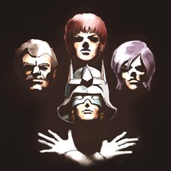  4boys absurdres amuro_ray black_background blonde_hair bohemian_rhapsody brown_hair char_aznable facial_hair garma_zabi gloves gundam helmet highres mask mobile_suit_gundam multiple_boys mustache purple_hair ramba_ral redhead silhouette simple_background teikoku_jokyoku white_gloves 