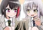  2girls bang_dream! black_hair cat catching eyebrows_visible_through_hair flags2323 happy highres minato_yukina mitake_ran multiple_girls nervous red_eyes silver_hair uniform yellow_eyes 