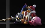  3boys cape hammer highres hoshi_no_kirby king_dedede kirby kirby_(series) kirby_(specie) meta_knight multiple_boys nintendo no_humans penguin pink_puff_ball super_smash_bros. super_smash_bros._ultimate sword weapon 