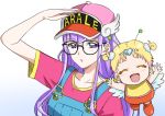  1girl :o antennae baby bangs baseball_cap black-framed_eyewear blonde_hair collarbone cosplay diadem dr._slump eyebrows_visible_through_hair glasses hat hug-tan_(precure) hugtto!_precure long_hair looking_at_viewer norimaki_arale norimaki_arale_(cosplay) norimaki_gajira norimaki_gajira_(cosplay) orange_footwear overalls pink_shirt precure print_hat ruru_amour salute shirt short_sleeves short_twintails simple_background tsukikage_oyama twintails upper_body violet_eyes white_background white_wings wings 